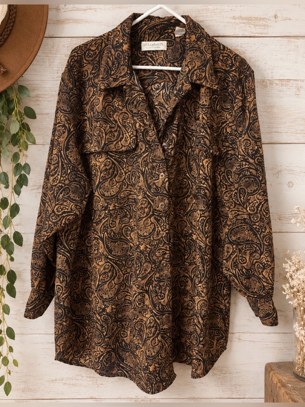 Vintage 90s - Liz Claiborne -Paisley Button-Up Shirt Jacket in Brown /Gold